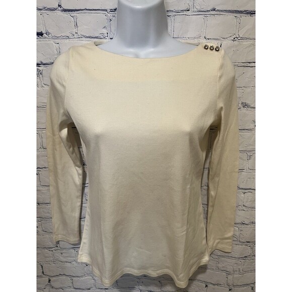 Talbots Lot Of 2 Pink & Ivory Cotton Rhinestone Button Boat Neck Knit Top Petite - Picture 8 of 14